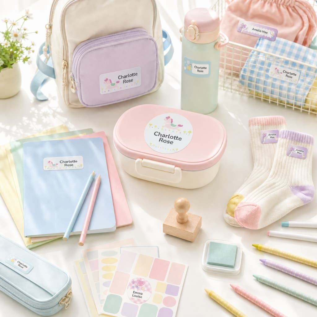 Personalized name labels arranged with school essentials on a bright studio table