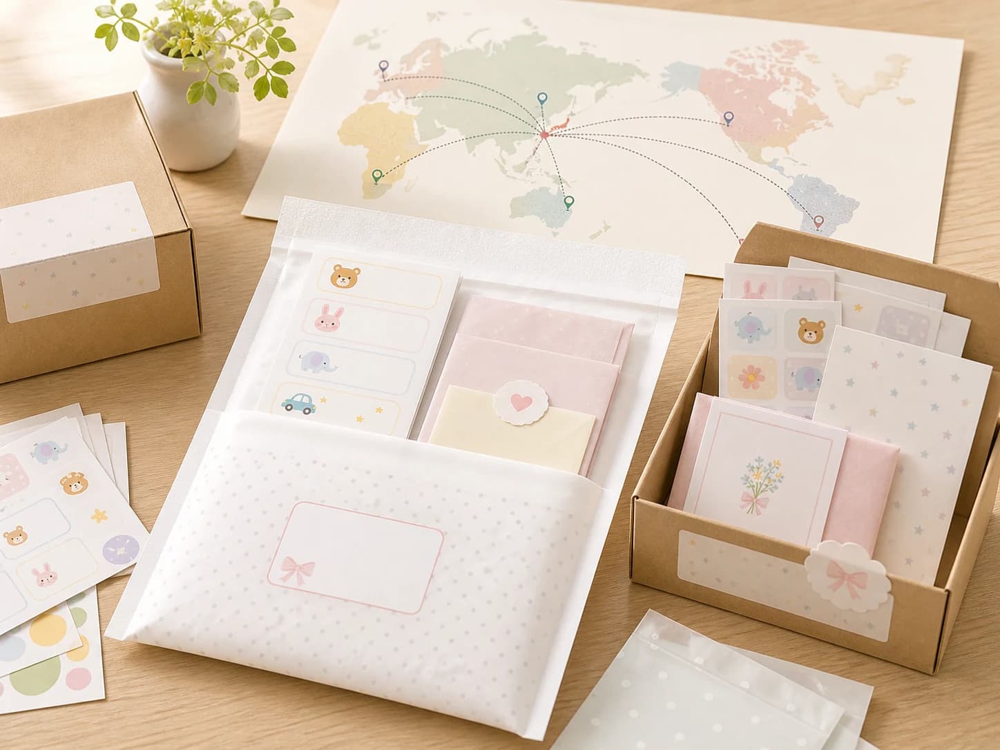 Kawaii Labels mailer, boxes, and world map for global shipping