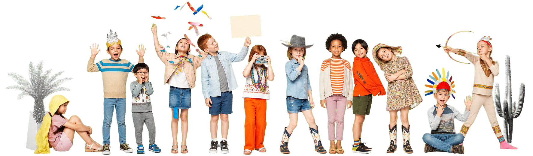Children wearing playful outfits in a product lineup banner