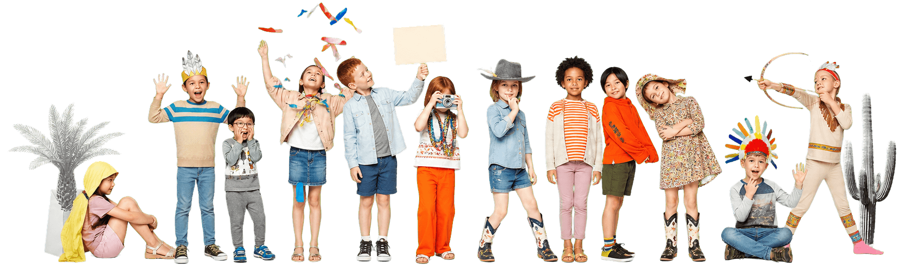 Children wearing playful outfits in a product lineup banner