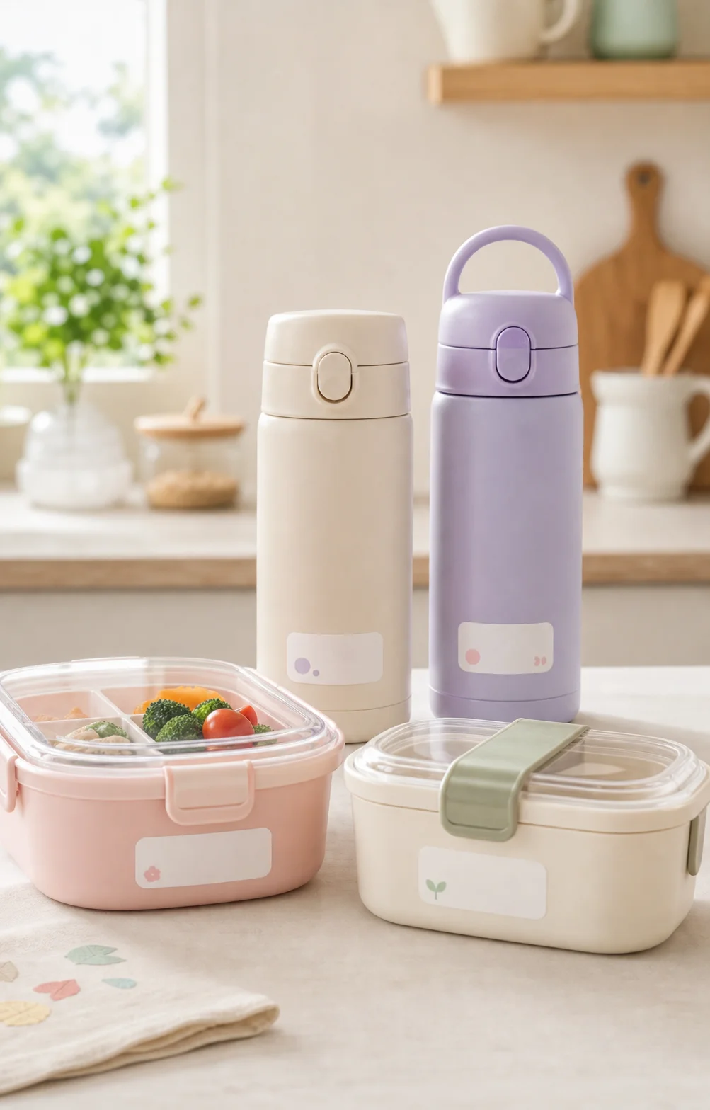 Lunchboxes and water bottles with water-resistant name labels