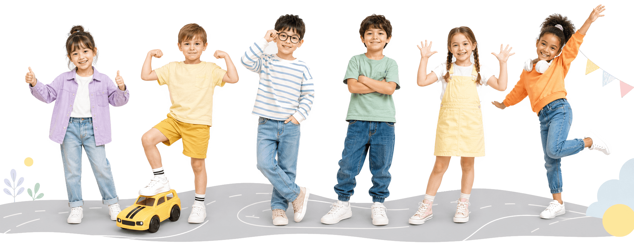 Six smiling children standing together on a playful ground