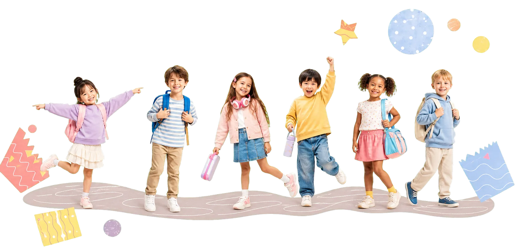 A group of children walking with their labeled school and daycare gear