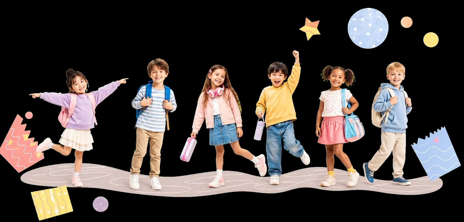 A group of children walking with their labeled school and daycare gear