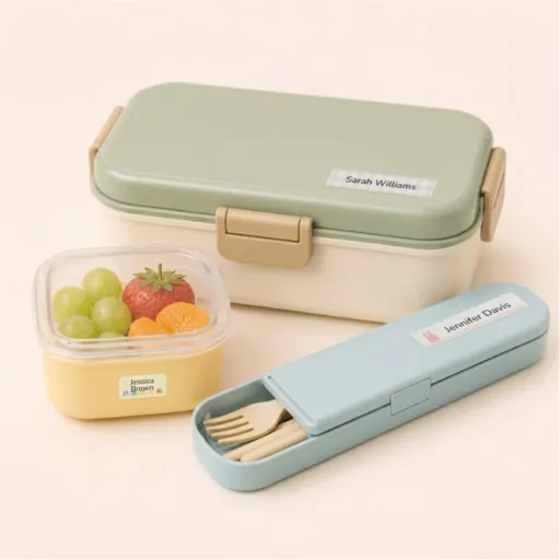 Personalized name labels on a bento lunch box, fruit and a cutlery set