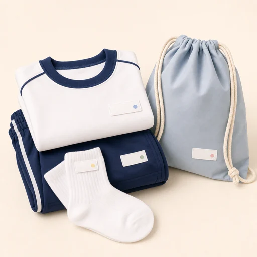 Personalized name labels on folded shirts, socks and a drawstring bag