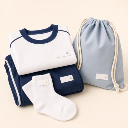 Personalized name labels on folded shirts, socks and a drawstring bag