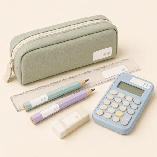 Personalized name labels on a pencil case, ruler, pencils and calculator
