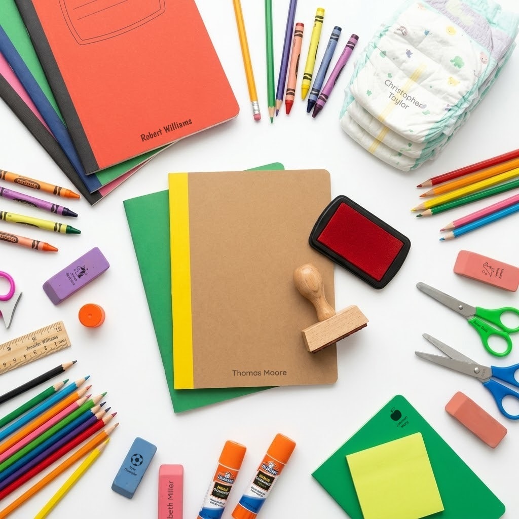 Name stamp with labeled school notebooks, stationery, and supplies
