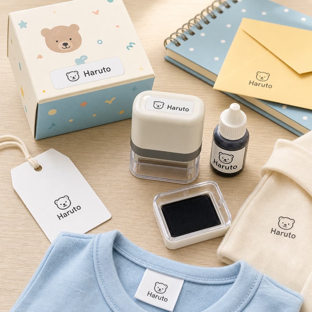Name stamp & ink set for diapers and clothing tags