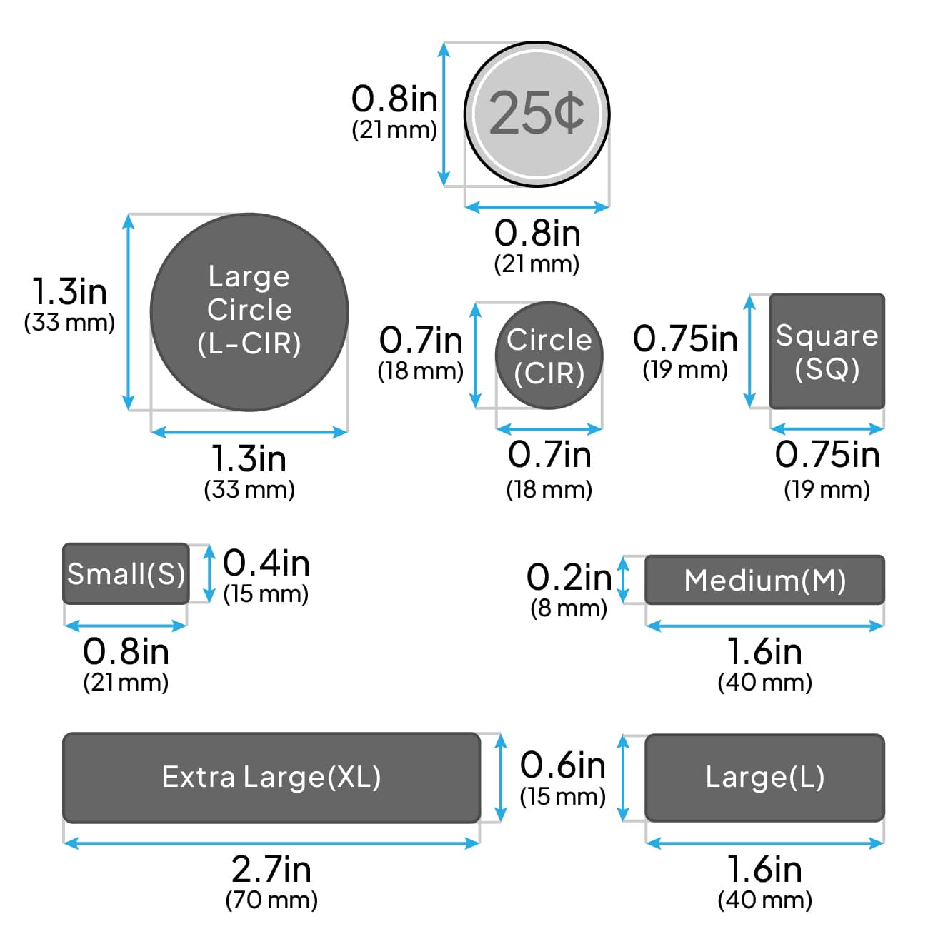 Name label size guide — Small (0.8 × 0.4 in / 21 × 15 mm), Medium (1.6 × 0.2 in / 40 × 8 mm), Large (1.6 × 0.6 in / 40 × 15 mm), Extra Large (2.7 × 0.6 in / 70 × 15 mm), Circle (0.7 in / 18 mm), Large Circle (1.3 in / 33 mm), and Square (0.75 in / 19 mm), shown next to a US quarter for scale.