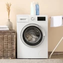 A washing machine in a home laundry room