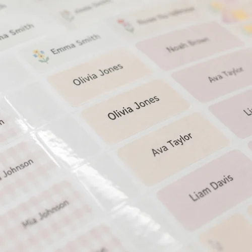 Glossy water-resistant name label sheets