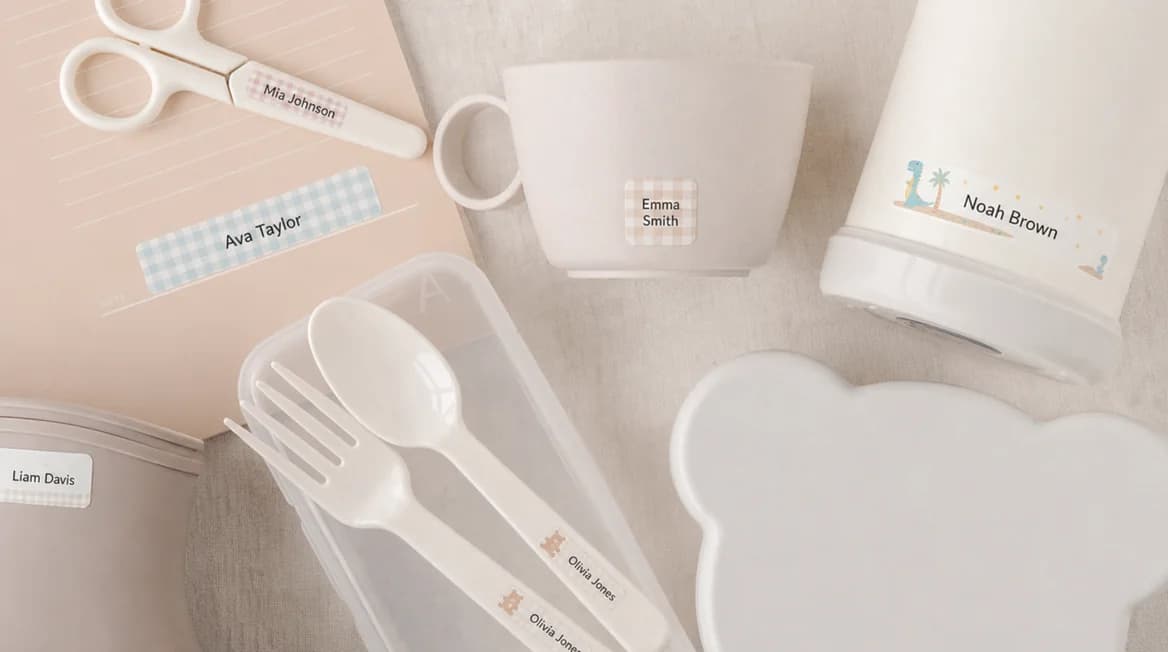 Water-resistant name labels applied to scissors, cups, cutlery, lunch containers, and a water bottle