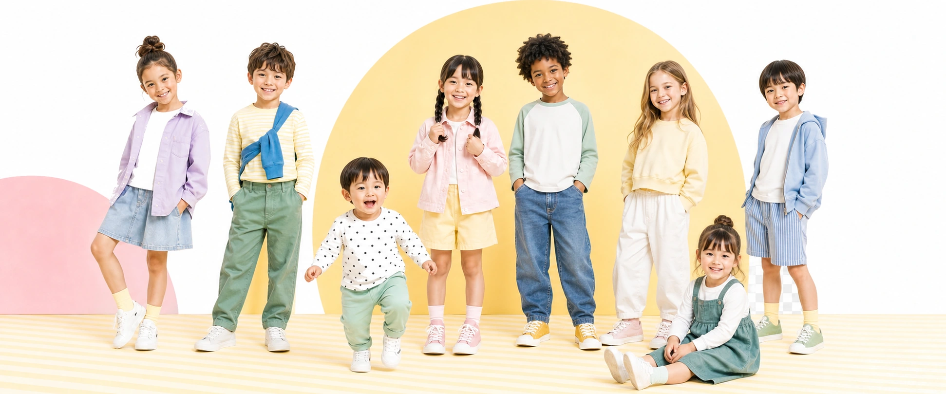 Diverse group of smiling children in colorful outfits on a yellow studio set